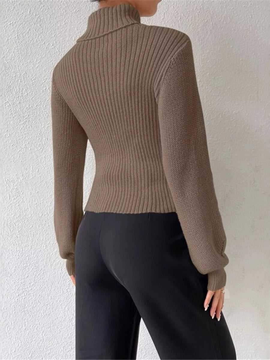 Cutout Front Turtleneck Long Sleeve Sweater - CELIVINE