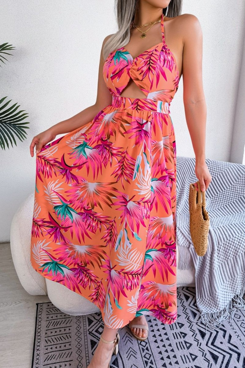 Botanical Print Tied Backless Cutout Slit Dress - CELIVINE