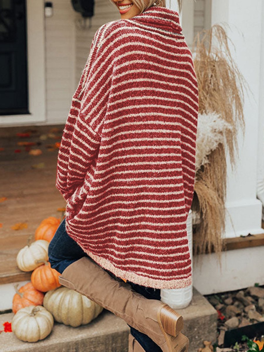 Striped Turtleneck Sweater with Pockets - CELIVINE