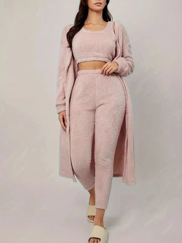 Fuzzy Tank Long Sleeve Cardigan and Pants 3 - Piece Lounge Set - CELIVINE