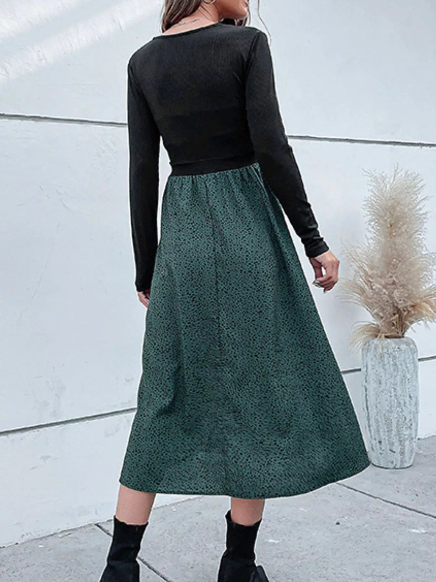 Animal Print Long Sleeve Midi Dress - CELIVINE