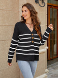 V - Neck Striped Dropped Shoulder Sweater - CELIVINE
