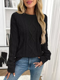 Cable Knit Round Neck Long Sleeve Sweater - CELIVINE