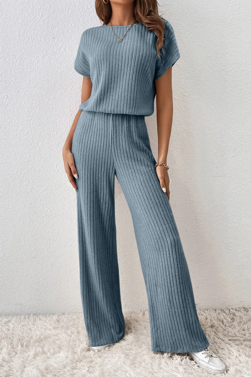 Ribbed Short Sleeve Wide Leg Jumpsuit - CELIVINE