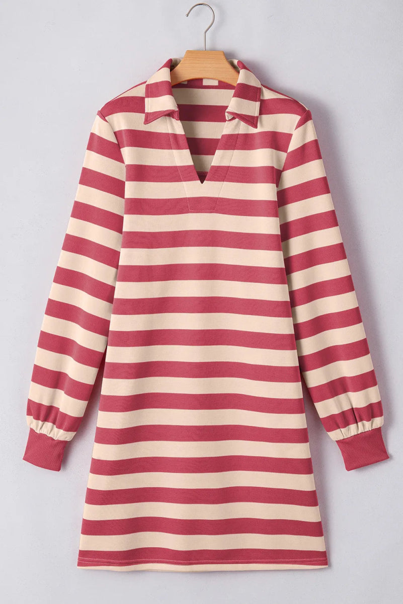 Contrast Striped Johnny Collar Long Sleeve Mini Dress - CELIVINE