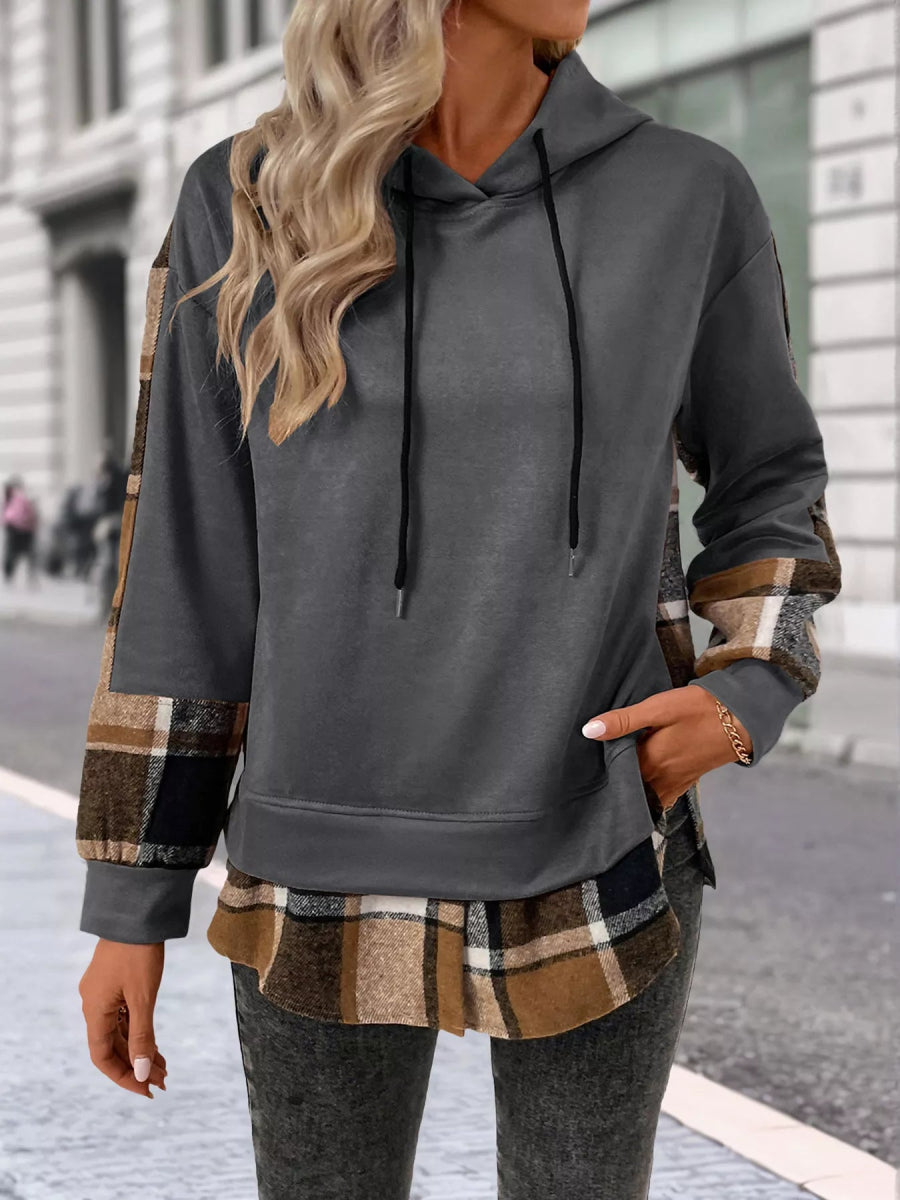 Plaid Drawstring Long Sleeve Hoodie - CELIVINE