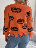 Halloween Pumpkin Pattern Raw Hem V - Neck Sweater - CELIVINE