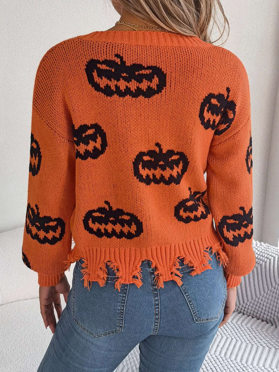 Halloween Pumpkin Pattern Raw Hem V - Neck Sweater - CELIVINE