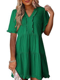 Tiered Notched Short Sleeve Mini Dress - CELIVINE