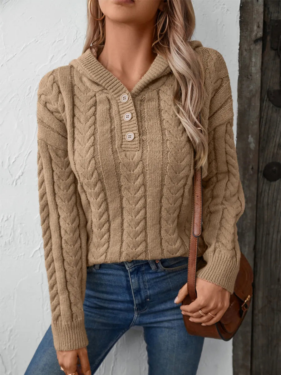 Cable - Knit Long Sleeve Hooded Sweater - CELIVINE