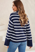 Striped Slit Drop Shoulder Sweater - CELIVINE