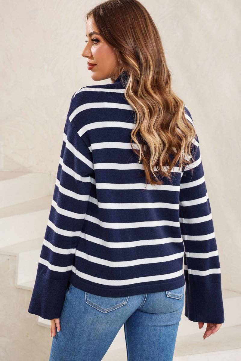 Striped Slit Drop Shoulder Sweater - CELIVINE