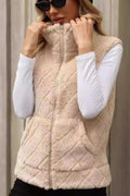 Fuzzy Plaid Texture Zip Up Vest Coat - CELIVINE