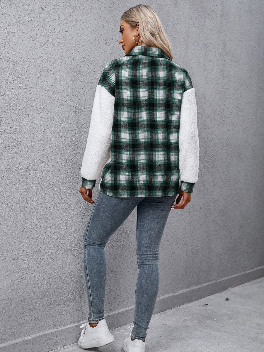 Plaid Collared Neck Button Down Jacket - CELIVINE