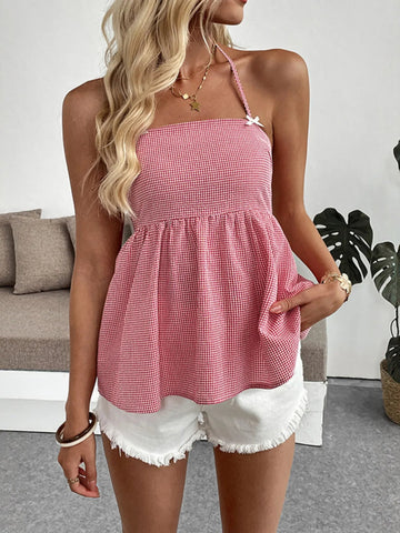 Gingham Halter Neck Cami Top - CELIVINE