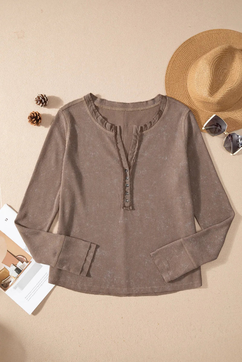 Notched Long Sleeve Top - CELIVINE