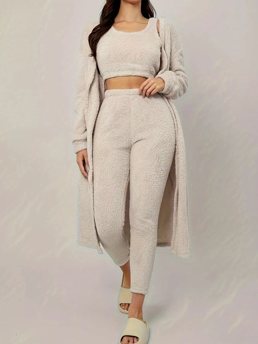 Fuzzy Tank Long Sleeve Cardigan and Pants 3 - Piece Lounge Set - CELIVINE