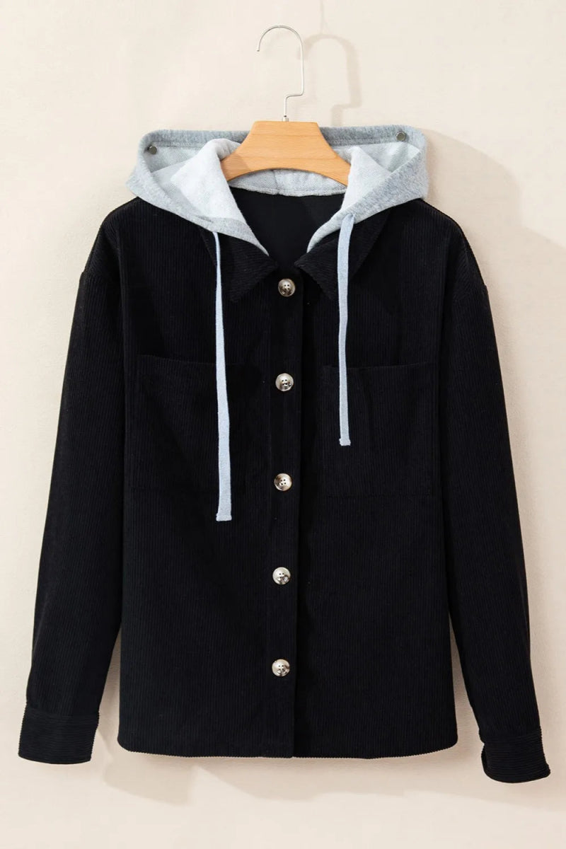 Drawstring Button Up Long Sleeve Hooded Jacket - CELIVINE