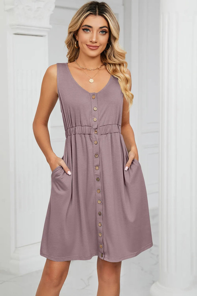 Buttoned Wide Strap Mini Dress - CELIVINE