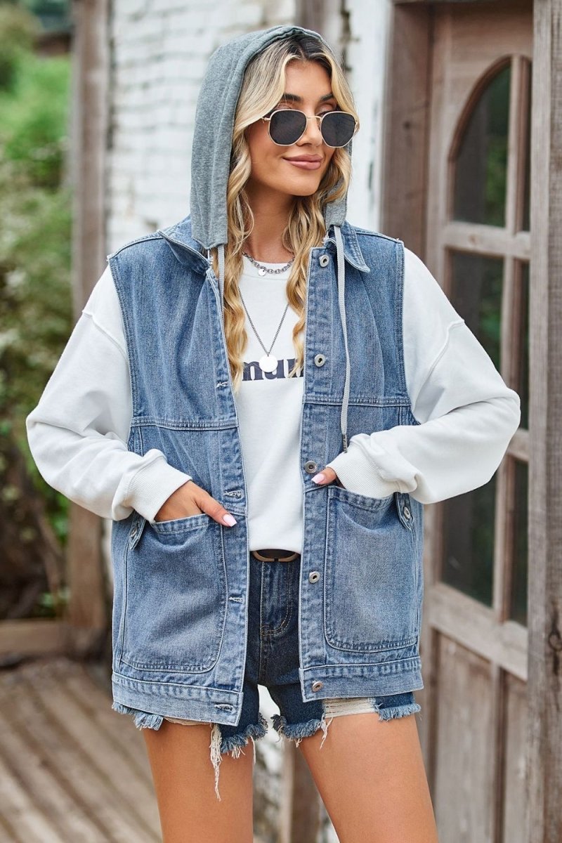 Sleeveless Denim Top with A Detachable Hood - CELIVINE