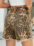 Raw Hem Drawstring Leopard Denim Shorts - CELIVINE
