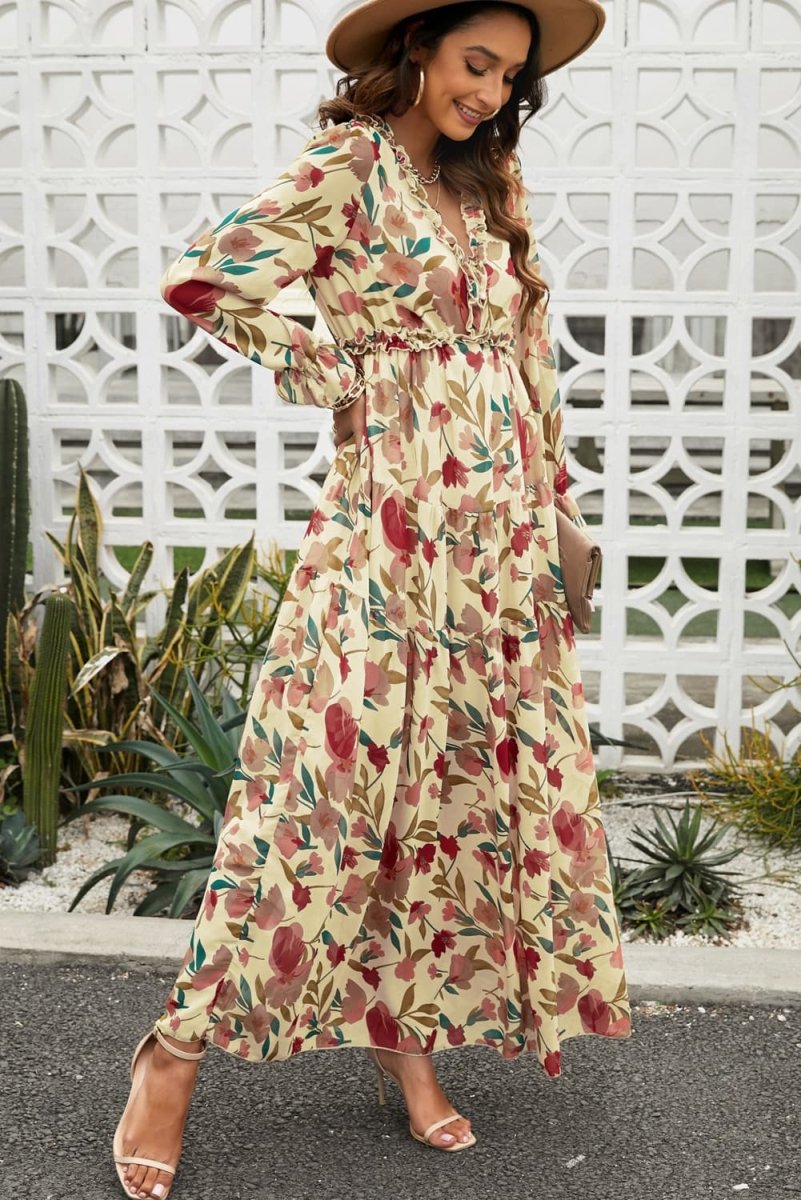 Floral Frill Trim Flounce Sleeve Plunge Maxi Dress - CELIVINE