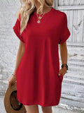 Pocketed Round Neck Short Sleeve Dress - CELIVINE