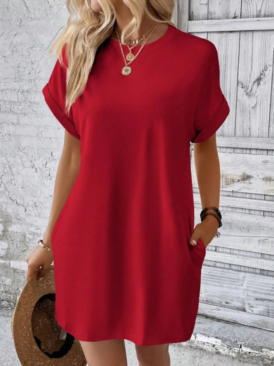Pocketed Round Neck Short Sleeve Dress - CELIVINE
