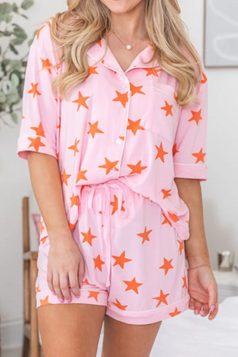 Star Print Short Sleeve Shirt and Shorts Set - CELIVINE