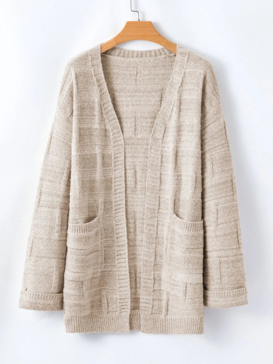 Textured Knit Open Front Cardigan with Pockets - CELIVINE