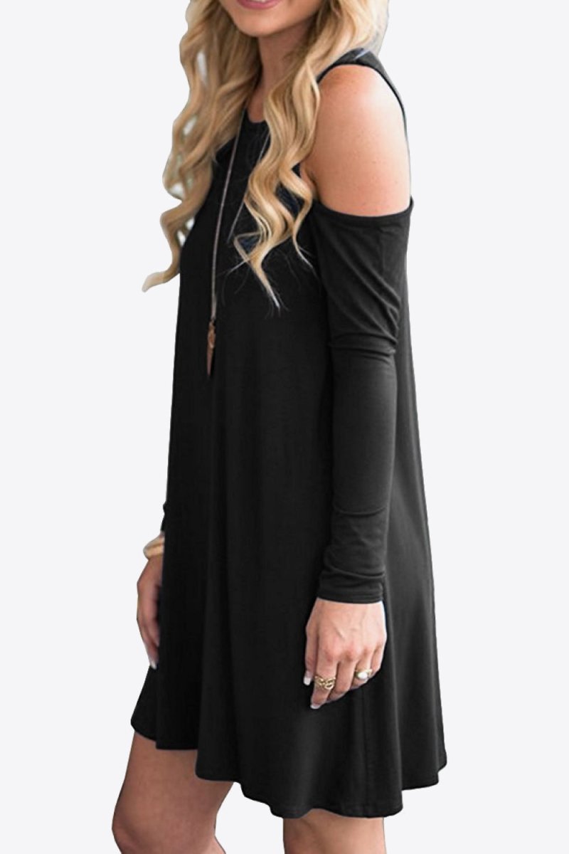 Cold - Shoulder Long Sleeve Round Neck Dress - CELIVINE