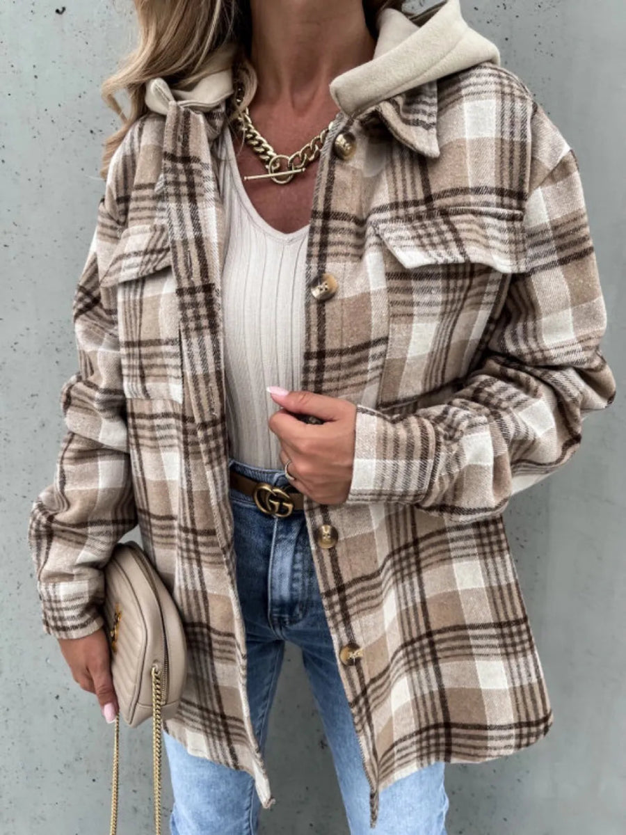 Plaid Button Up Jacket with Removable Hood - CELIVINE