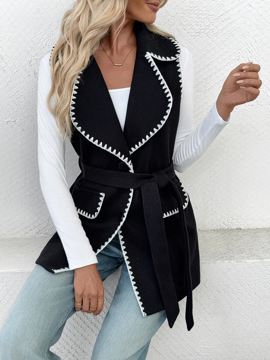 Contrast Trim Collared Neck Vest Coat - CELIVINE