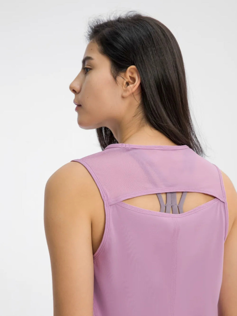Cutout Back Round Neck Active Tank - CELIVINE