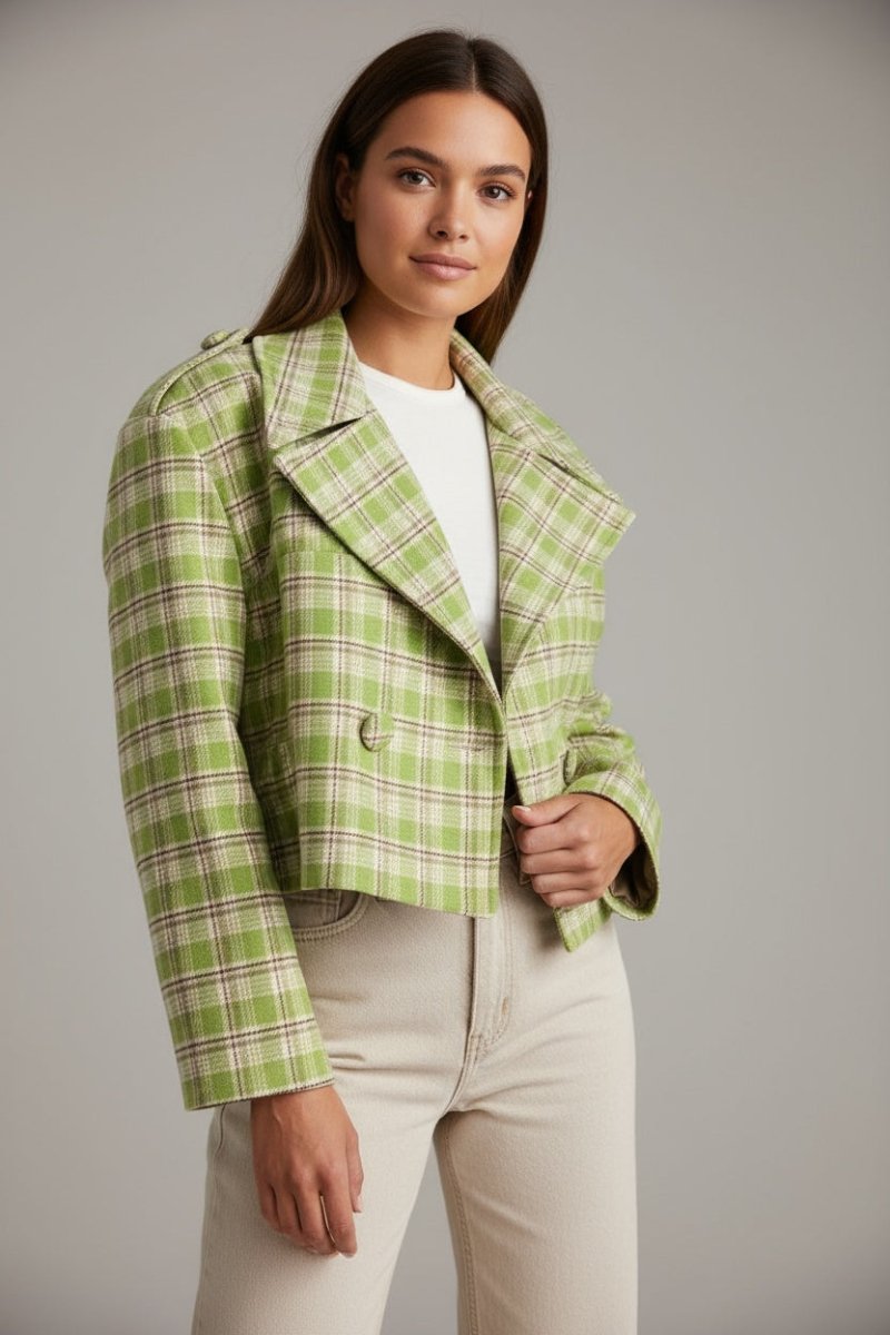 Plaid Lapel Collar Cropped Outerwear - CELIVINE