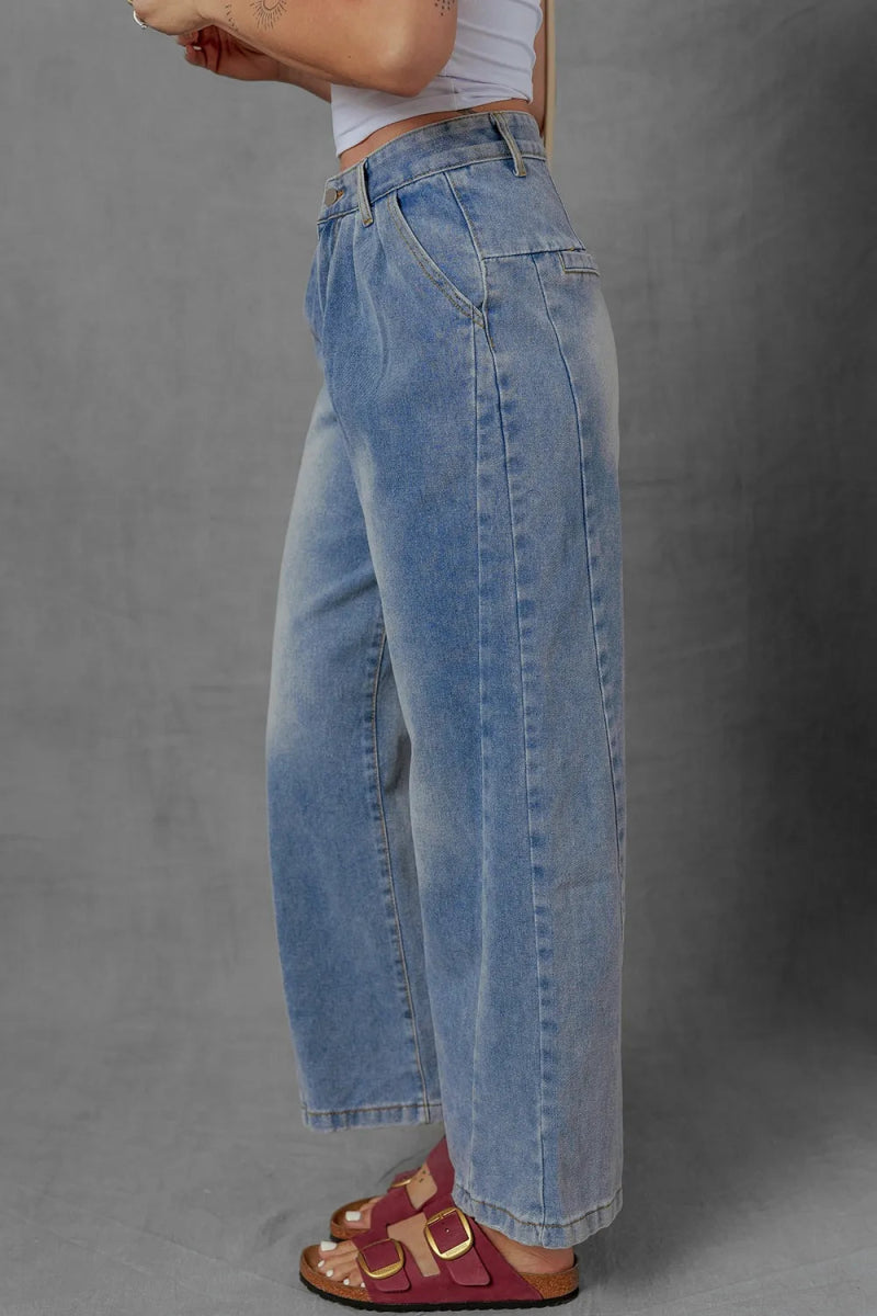 High - Waist Wide Leg Pleated Denim Jeans - CELIVINE