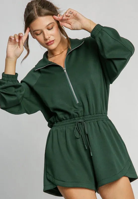 Drawstring Half Zip Long Sleeve Romper - CELIVINE
