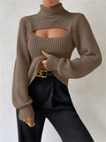 Cutout Front Turtleneck Long Sleeve Sweater - CELIVINE