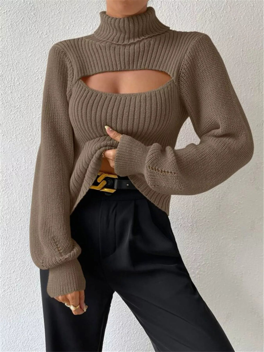 Cutout Front Turtleneck Long Sleeve Sweater - CELIVINE