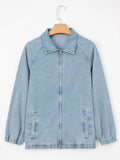 Elastic Edge Collared Zip Up Denim Jacket With Pocket - CELIVINE