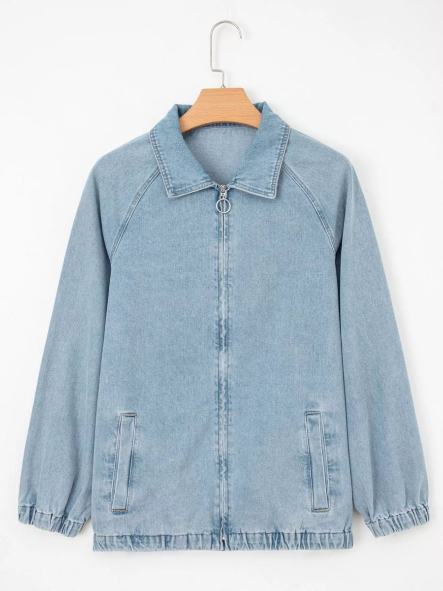 Elastic Edge Collared Zip Up Denim Jacket With Pocket - CELIVINE