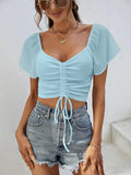Drawstring Short Sleeve Crop Top - CELIVINE