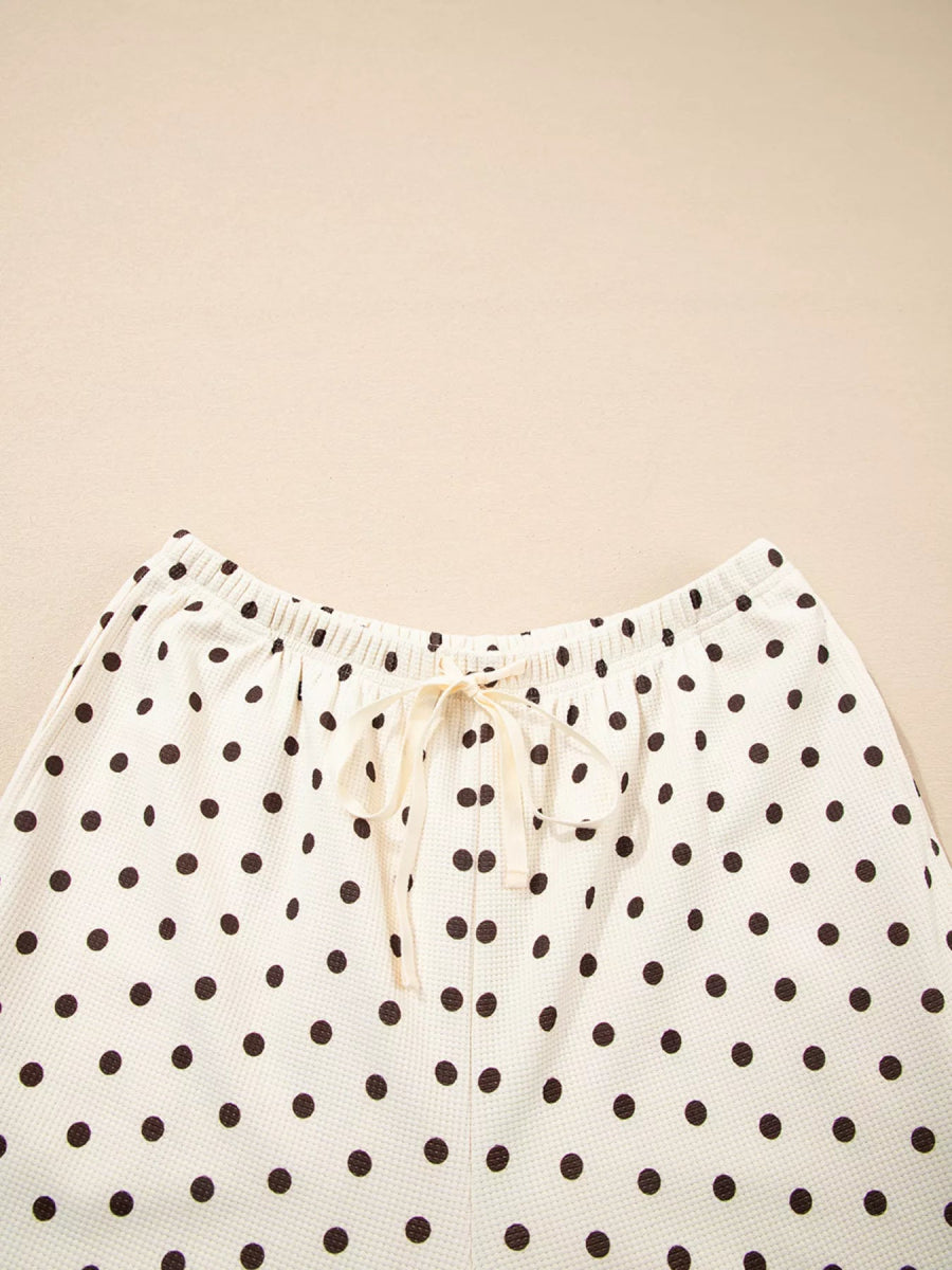 Polka Dot Notched Long Sleeve Top and Drawstring Joggers Lounge Set - CELIVINE