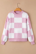 Checkered Exposed Seam Drooped Shoulder Sweater - CELIVINE