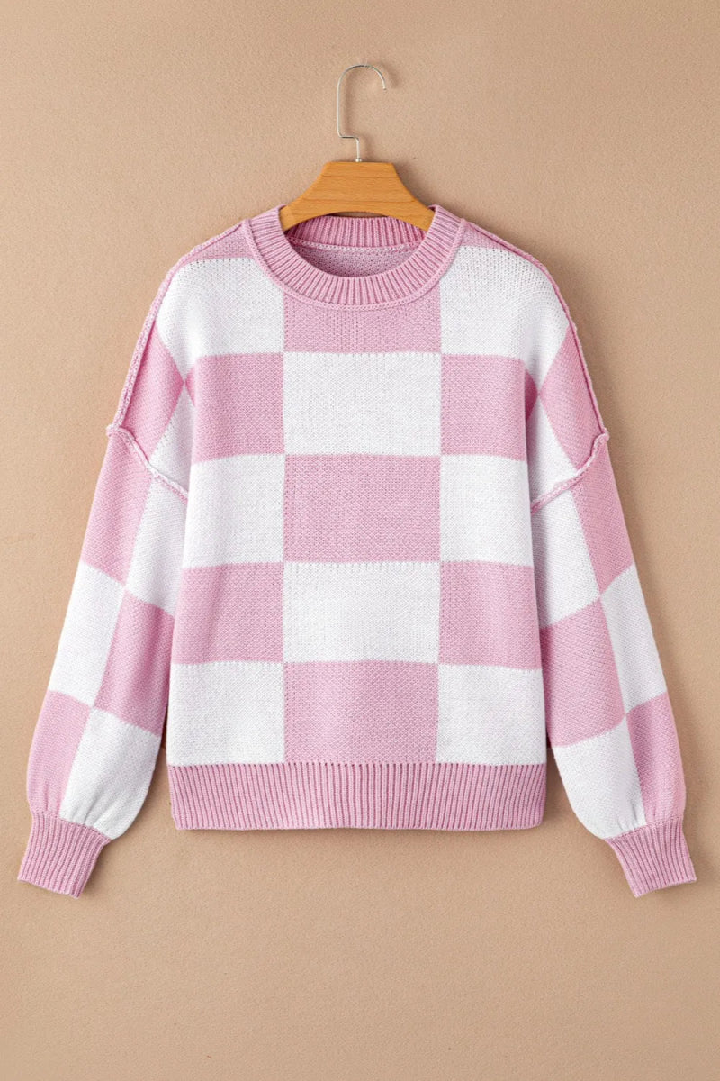 Checkered Exposed Seam Drooped Shoulder Sweater - CELIVINE