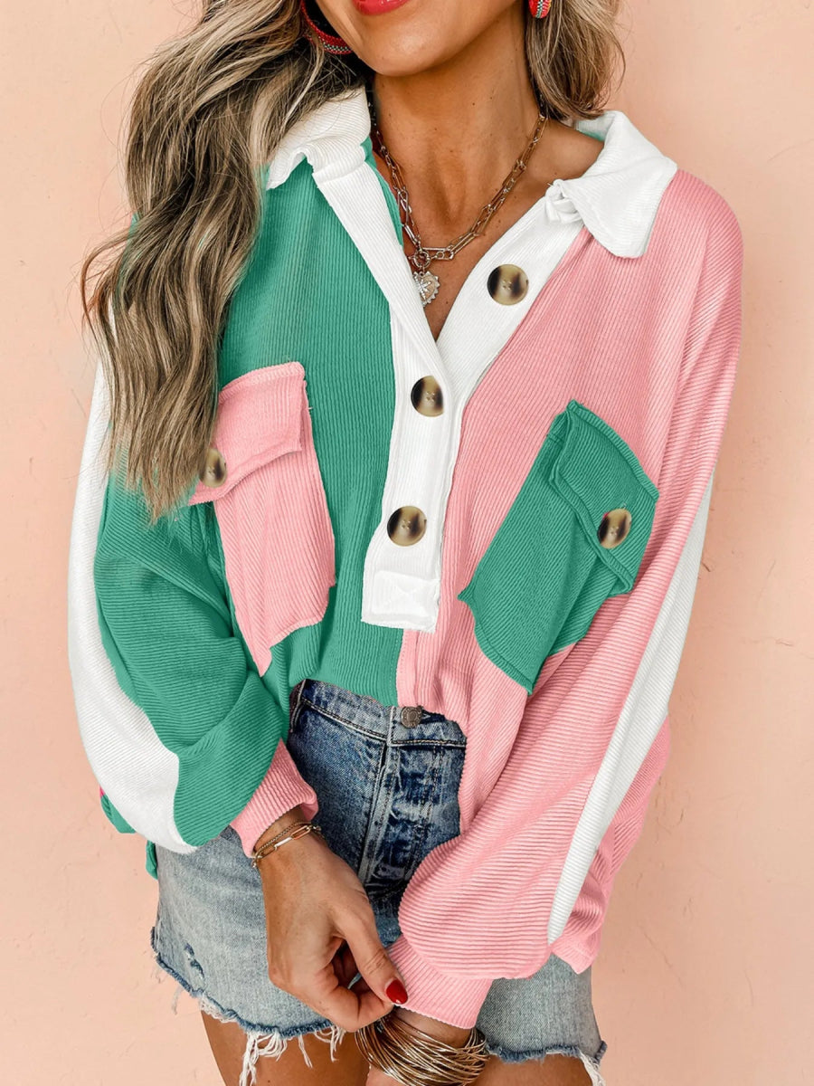 Color Block Button Front Collared Neck Sweatshirt - CELIVINE