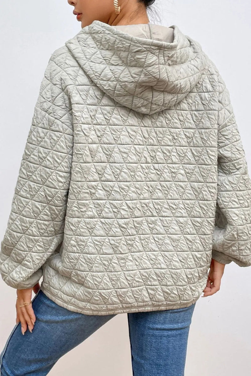 Quilted Long Sleeve Hoodie with Pocket - CELIVINE