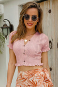 Buttoned Frill Hem Cropped Knit Top - CELIVINE