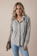 Drawstring Button Up Long Sleeve Hooded Jacket - CELIVINE