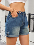 High Waist Rolled Hem Gradient Denim Shorts - CELIVINE
